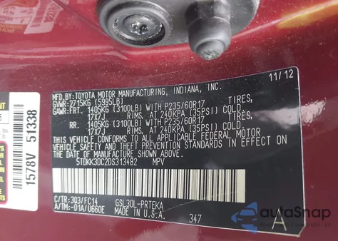 2013 Toyota Sienna Le V6 8 Passenger from USA, damaged, VIN 5TDKK3DC2DS313482